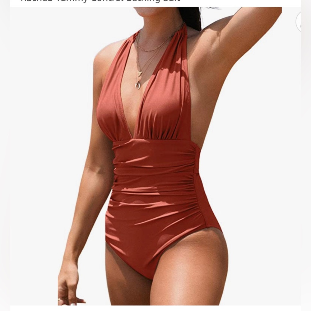 NWT V Neck One Piece Swimsuit Halter Backless Ruched Tummy Control Bathing Suit